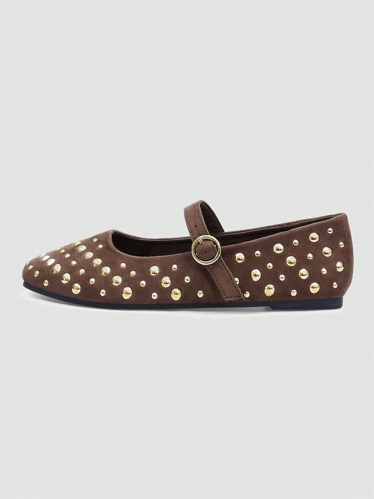 Brown Square Toe Mary Jane Flats with Large & Small Sequin Decorations and Single Strap Buckle