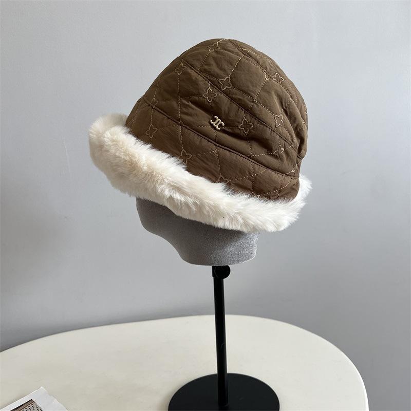 

Fashion embroidered light down cotton plush bucket hat women winter northern ear protection warm snow hat M（56-58cm） темно-коричневого