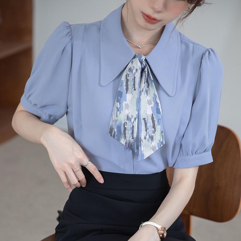 2025 Chic Women's Short Sleeve Chiffon Blouse with Tie – Stylish, Niche Summer Fashion