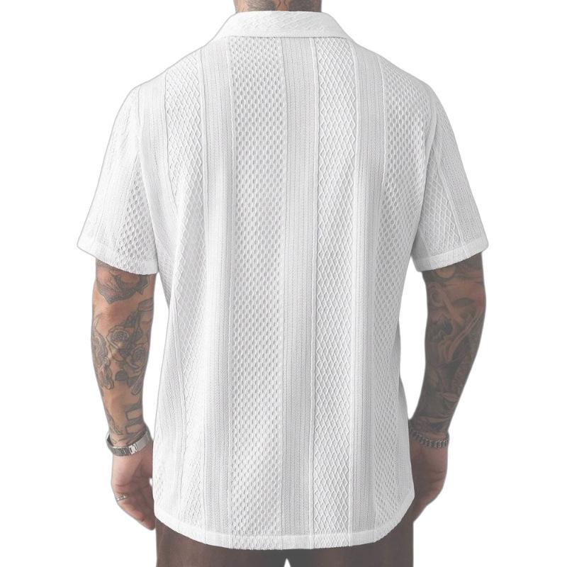 Summer Popular Men's Short-sleeved Shirt Solid Color Knitted Hollow Lapel Breathable Top