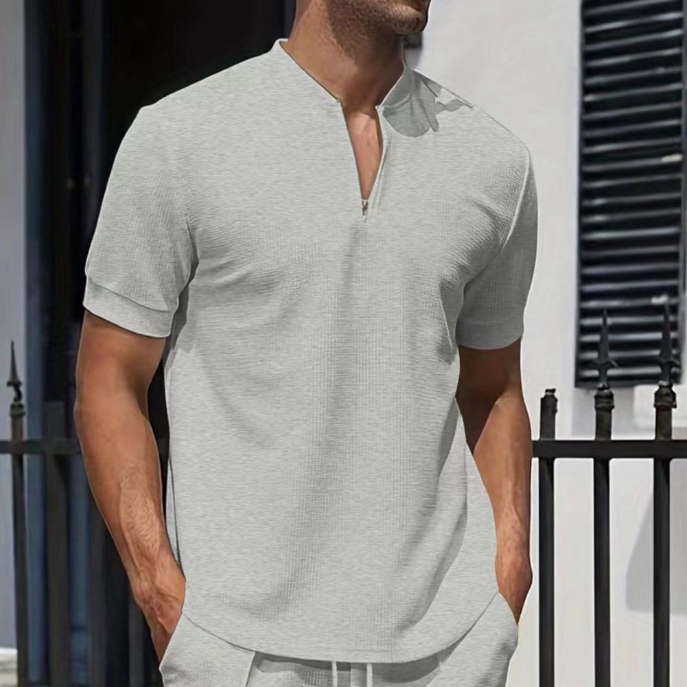 Men Stand Collar Shirt Short Sleeve Solid Color Pullover Top with Zipper Breathable Fitness Tee for Sports Travel Office Daily W