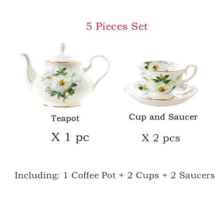 Bone China Flower Tea Cup Set, British Services Coffee Pot, Cups and Saucers, Ceramic Teapot, Sugar Bowl, Milk Jug Suit, Teaware