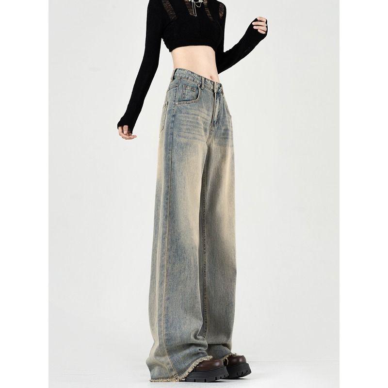 Women's High Waist Vintage Denim Jeans - Autumn/Winter Plus Velvet, Slimming Loose Fit, Wide, and Straight-Leg Design
