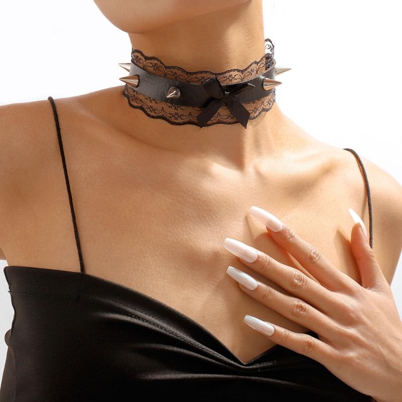 Lace Bowknot PU Pendant Short Necklace for Women Trend Cosplay Clavicle Choker Adjustable Collar Girls Party Jewelry