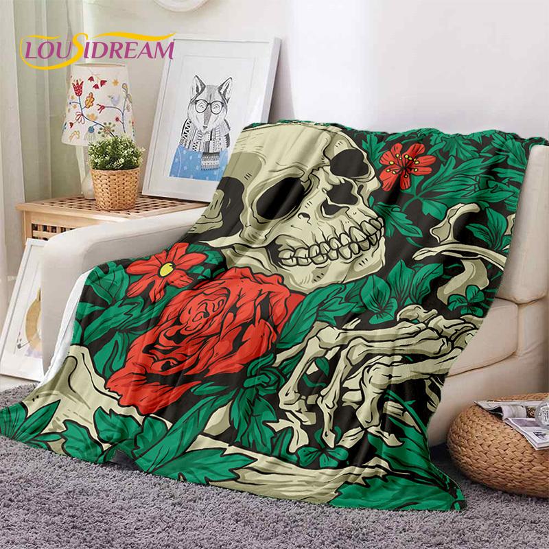 3D Horror Gotycka Czaszka Szkielet Miękkie Flanelowe Kocyki, Koc do Rzucania Wygodny Koc na Piknik Łóżka Kanapę Domową Sypialnię Prezenty