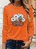 Floral Bicycle Print Women's Casual T-Shirts Graphic Tees Round Neck Tops Spring and Autumn T-Shirt Daily Wear Female Clothing