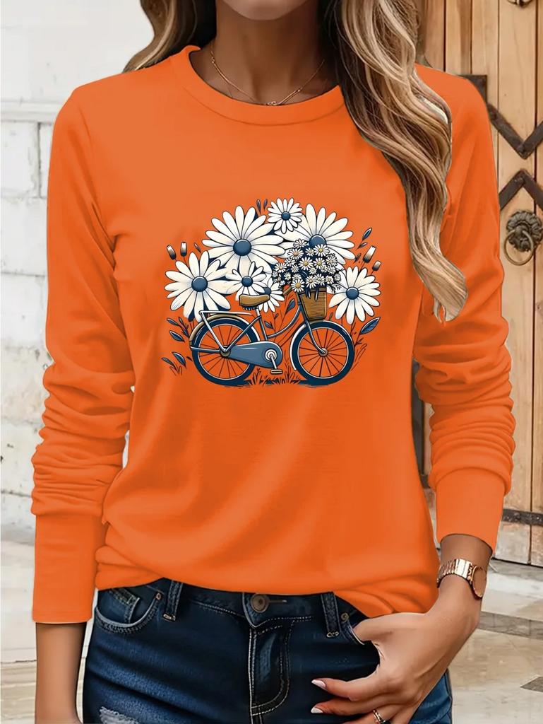 Floral Bicycle Print Women's Casual T-Shirts Graphic Tees Round Neck Tops Spring and Autumn T-Shirt Daily Wear Female Clothing