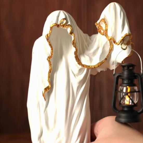 Ghost Wizard Figurine Halloween Ghost Statue with Light-up Lantern Vintage Gothic Ghost Sculpture for Indoor Mantel Cabinet Decoration
