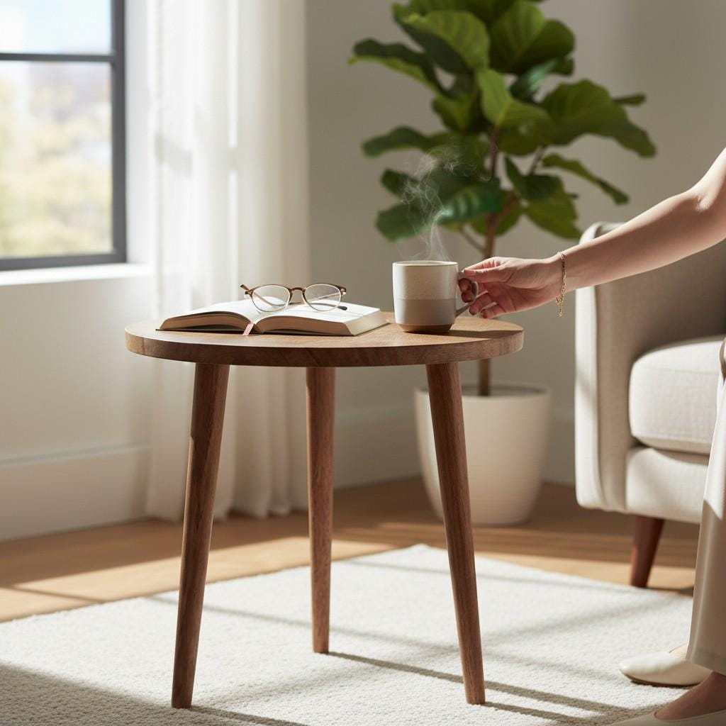 Round Wooden Side Table | Modern Scandinavian Accent Table for Living Room | Lightweight Coffee & Bedside Table, Sofa Side Table Furniture