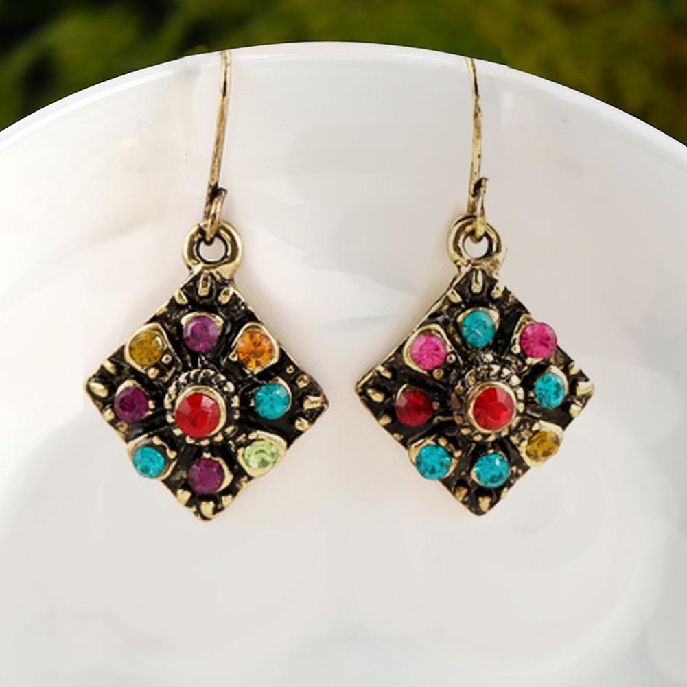 Stylish Bohemian Rhombic Colorful Rhinestone Charm Hook Earrings Women Party Jewelry Jewelry Gift