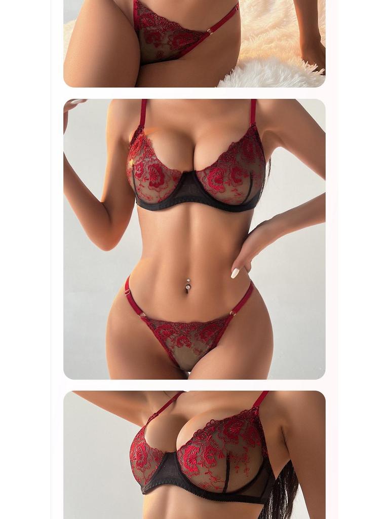 European & American Floral Embroidered Lingerie Set: Sexy Thin Bra with Side Support & Breathable Panties