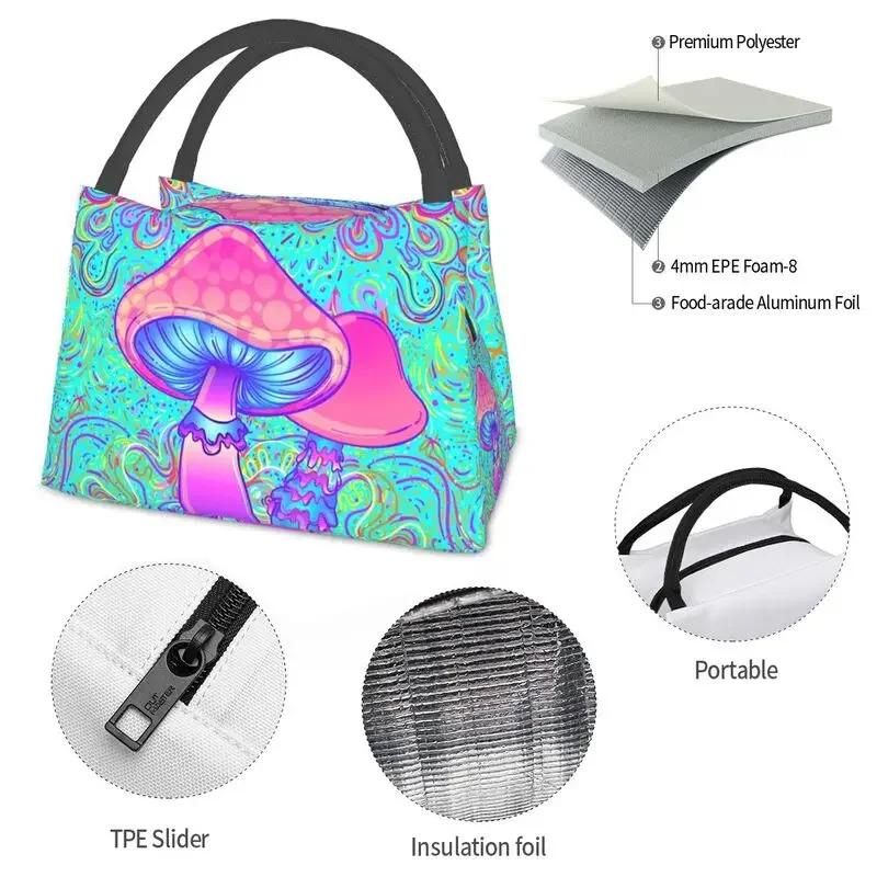 Mushroom Trippy Psychedelic Neon Pastel Goth Insulated Lunch Bags Leakproof Cooler Thermal Lunch Box Beach Camping Travel