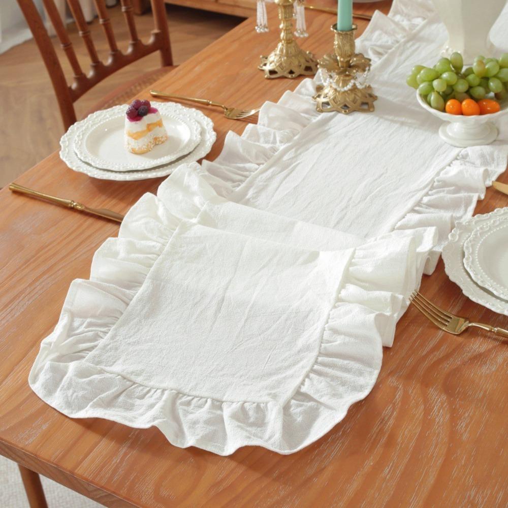 Solid Color Ruffled Edge Table Runner Rustic Style Tables Cover Dinning Table Runner  Kitchen Decor