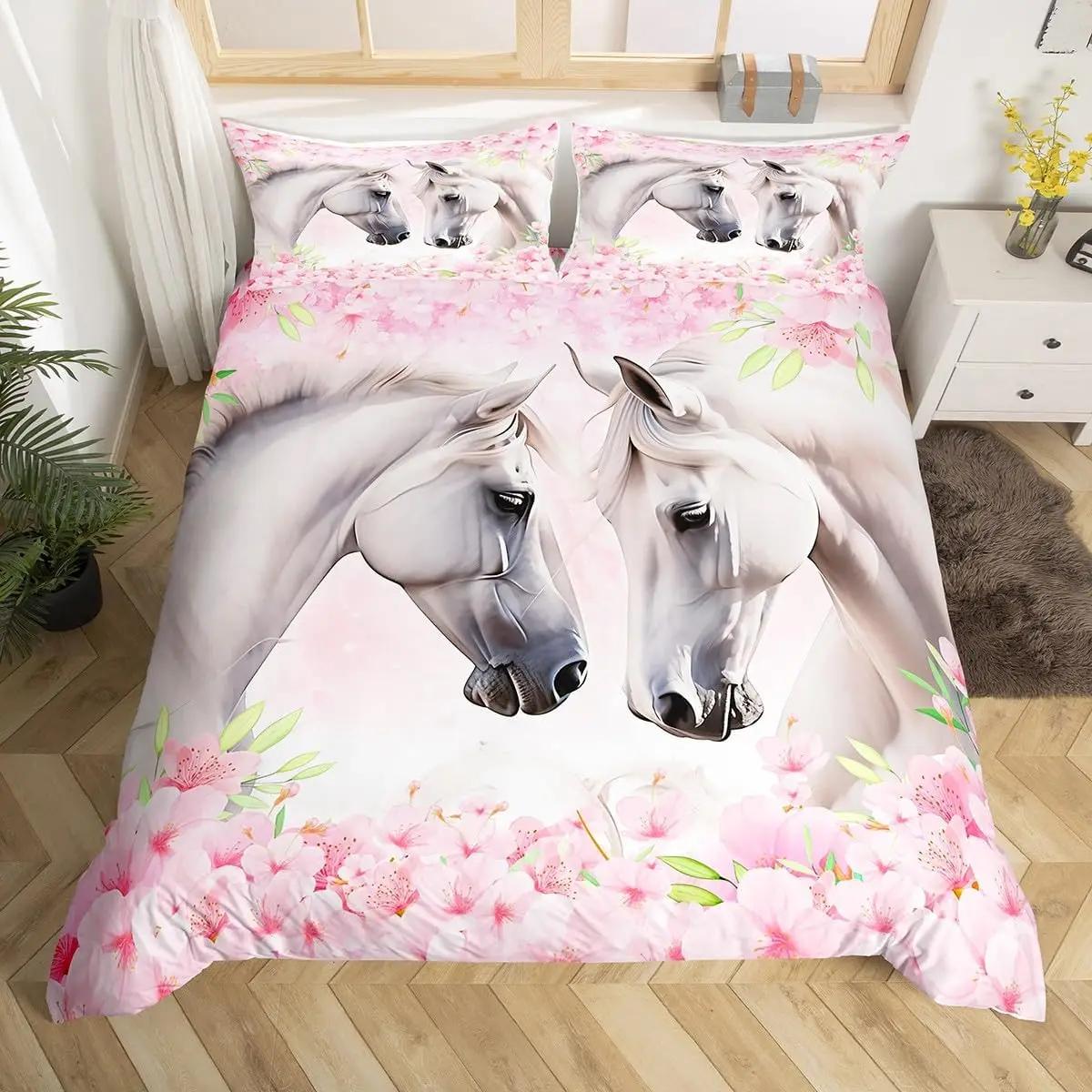 

Horse Bedding Set for Girls Rustic Farm Horse Duvet Cover Queen Pink Cherry Blossom Comforter Cover Gradient Bedspread Cover EU Single(135x200cm)