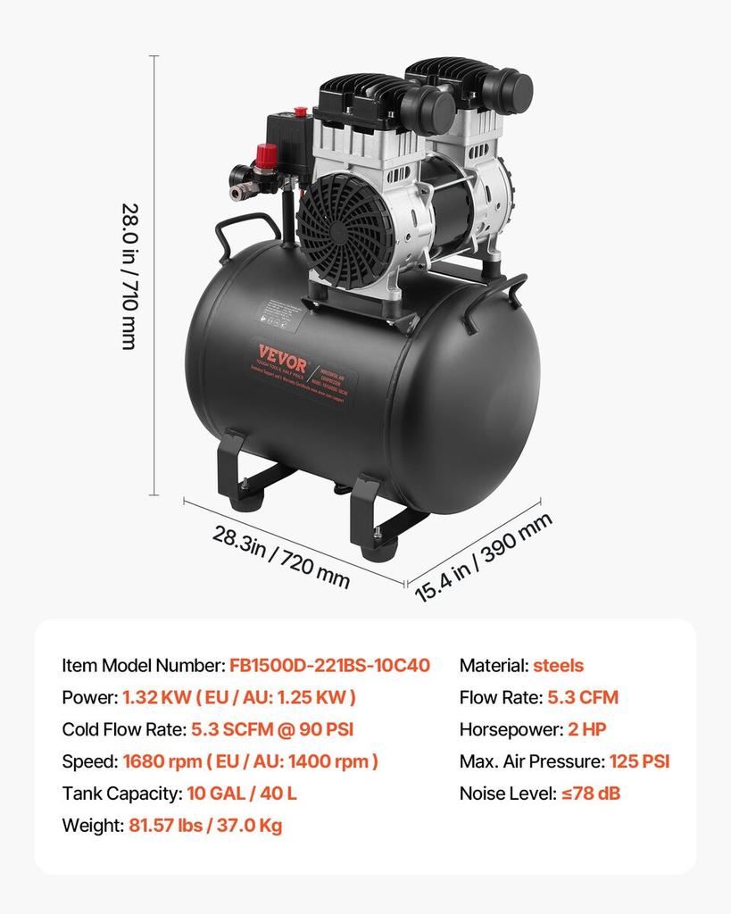 Air Compressor Compact Portable Oil Free Compressor 10 Gallon 90 PSI