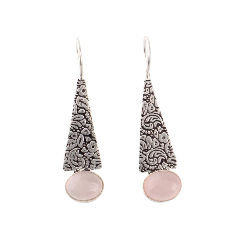 Natural Rose Quartz Gemstone 925 Sterling Silver Jewelry Handmade Earrings 1.9" EE-165-24