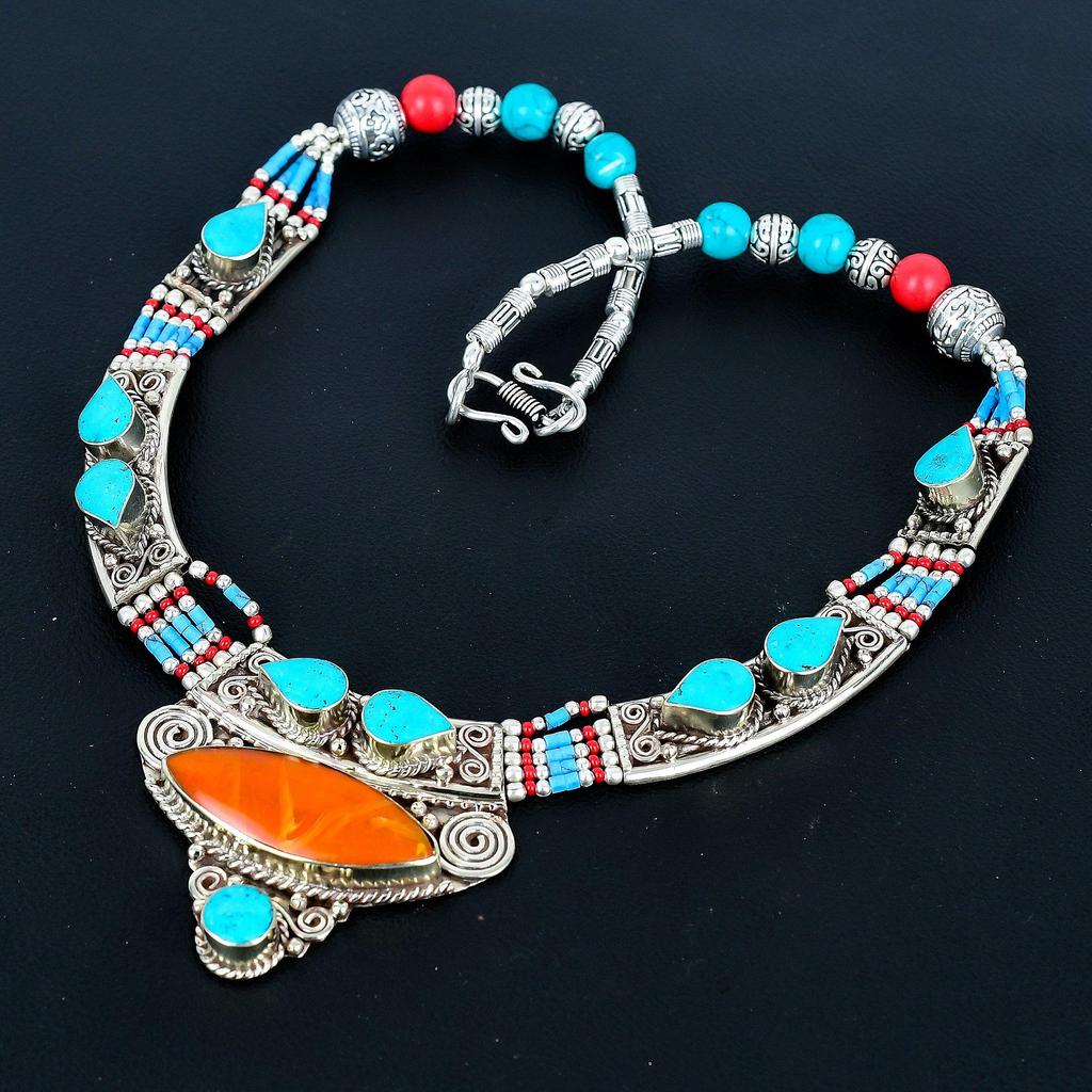 Red Coral, Turquoise 925 Silver Necklace Tibetan Silver Necklace Handmade Bead Jewelry Ethnic Jewelry Bohemian Nepali Necklace Elegant Unique Jewelry