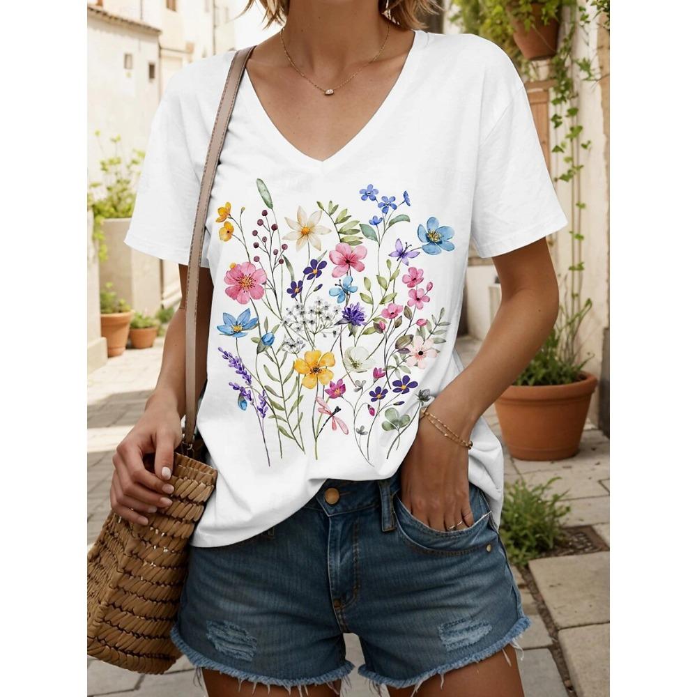 New Women T-shirt Simple Graphic Print Oversized Women's Trending Clothing Fashion Short Sleeve Shirt Women V-Neck Blouse 2025