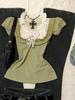 Vintage Y2K Green Lace Bow Trim Slim Fit Patchwork Short Sleeve Top