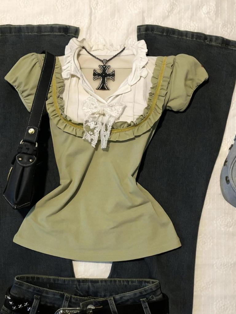 Vintage Y2K Green Lace Bow Trim Slim Fit Patchwork Short Sleeve Top