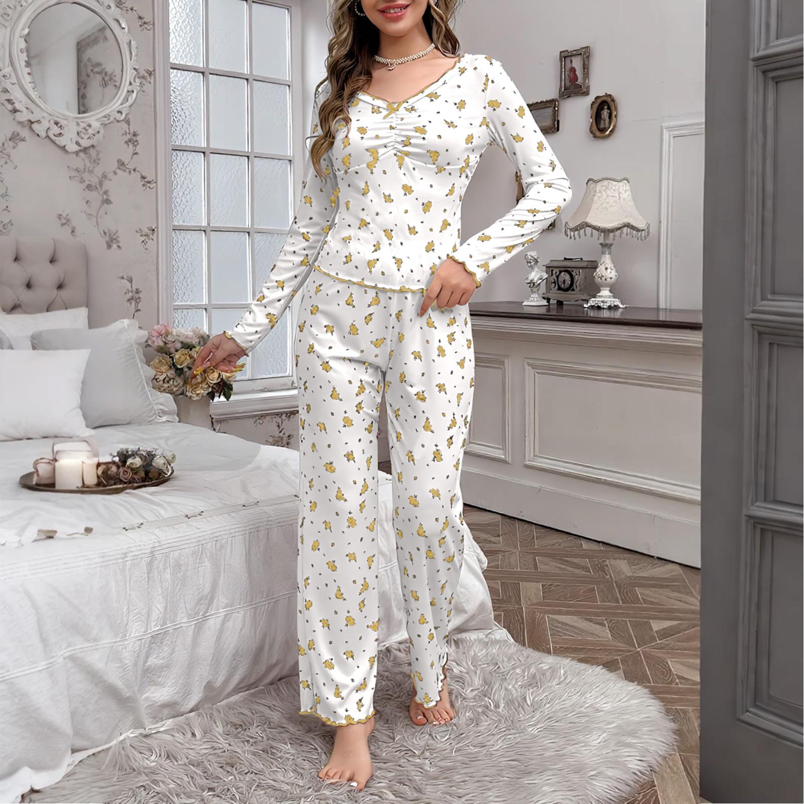 

Женский костюм для сна с длинными рукавами и брюками с цветочным принтом XL жёлтый