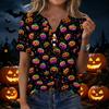 Women's Halloween Printed V-Neck Short Sleeve T-Shirt with Decorative Buttons Casual Top