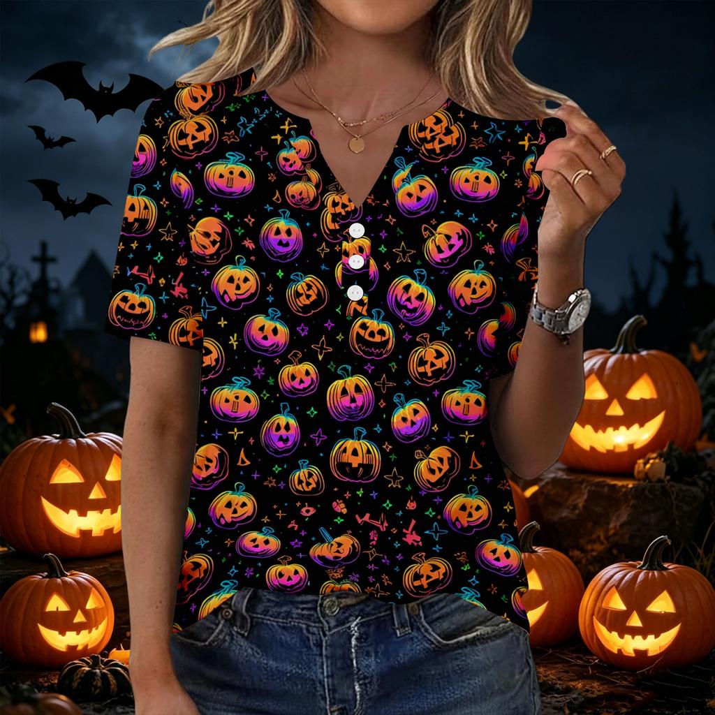 Women's Halloween Printed V-Neck Short Sleeve T-Shirt with Decorative Buttons Casual Top