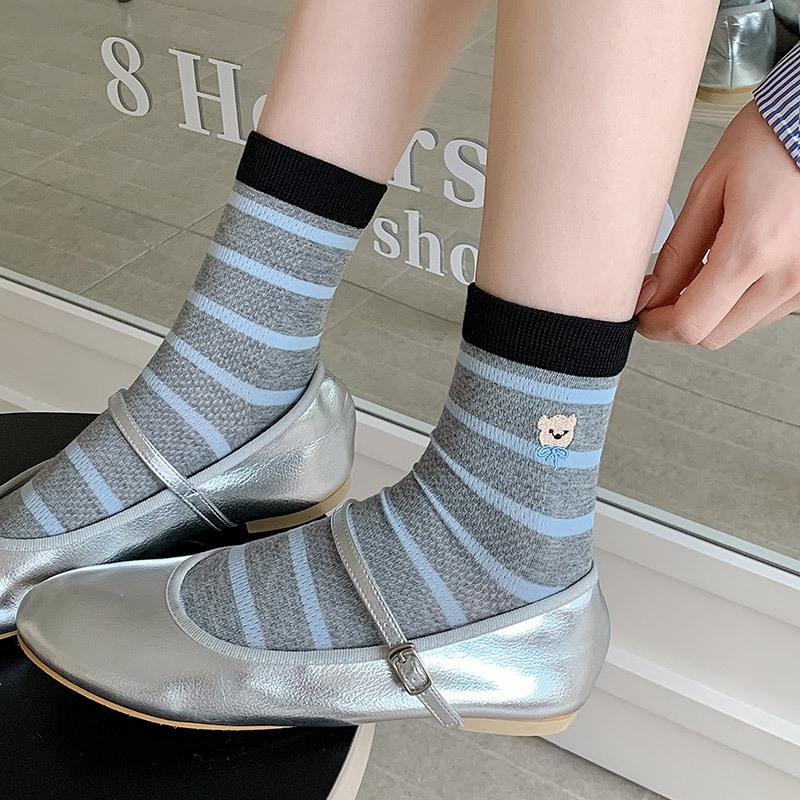 25 Summer Socks Women'S Mesh Thin Medium Tube Cotton Socks Striped Bear Embroidered Stacking Socks Trendy Women'S Socks