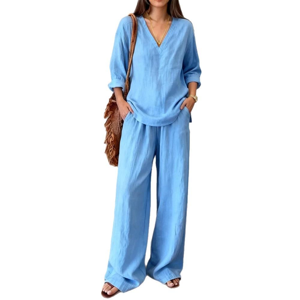 Women V Neck Long Sleeve Lounge Set Casual Wide Leg Pants Two Piece Outfit Solid Color Relaxed Fit