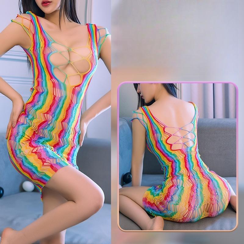 Colorful Stripes Sexy Lingerie For Women Porn Fishnet Bodysuit Female Sex Crotchless Hollow Teddy Bodystockings Erotic Adult Female Sex Game Costume