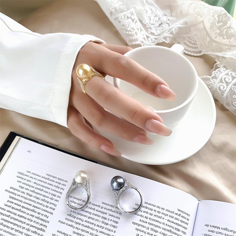 Jewelry Copper Platinum Plated Row Ring Pearl Temperament Simple Women'S Ring 12Mm