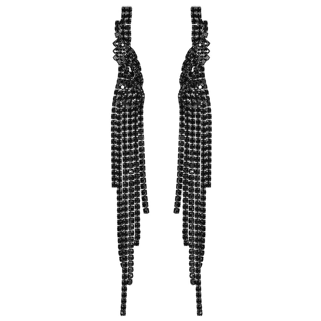 Temperament black full diamond long fringed earrings