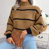 Striped Half High Collar Sweater Lantern Sleeve Knitted Pullover Women's Casual Top Thickened Warm Comfortable Autumn and Winter