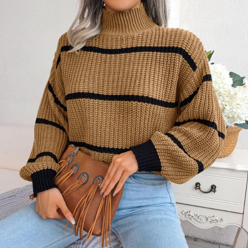 Striped Half High Collar Sweater Lantern Sleeve Knitted Pullover Women's Casual Top Thickened Warm Comfortable Autumn and Winter