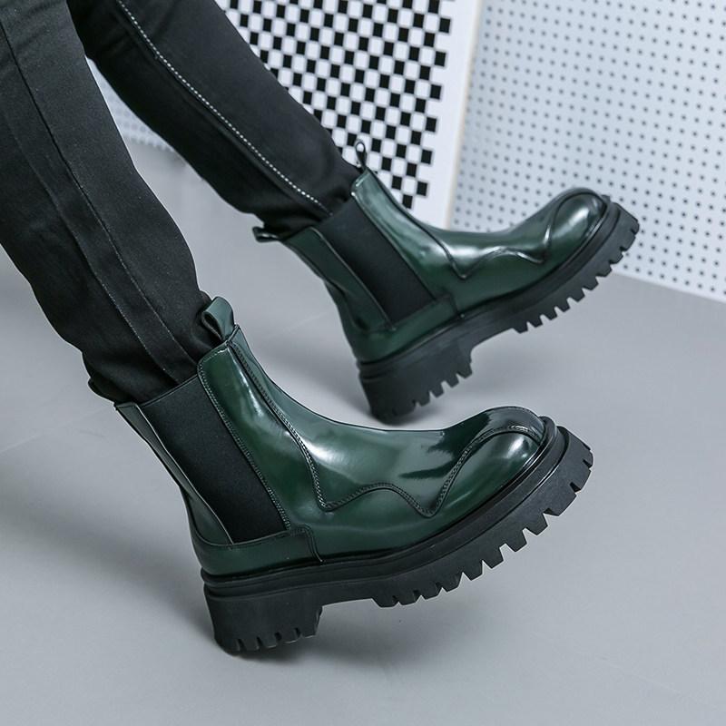 Chelsea Boots Men's High-top Leather Shoes British Style Bright Leather Cigarette Barrel Leather Boots Autumn and Winter Thick-soled Heightening