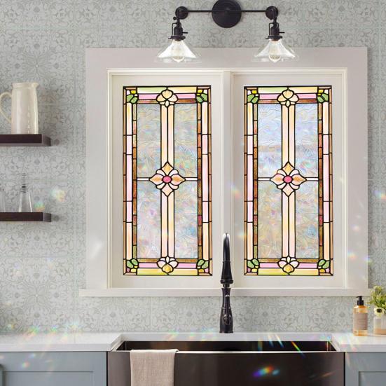 Vintage Window Privacy Film Geometric Stained Glass Flower Decorative Frosted Static Cling Reusable UV Sun Blocking Glass Sticker