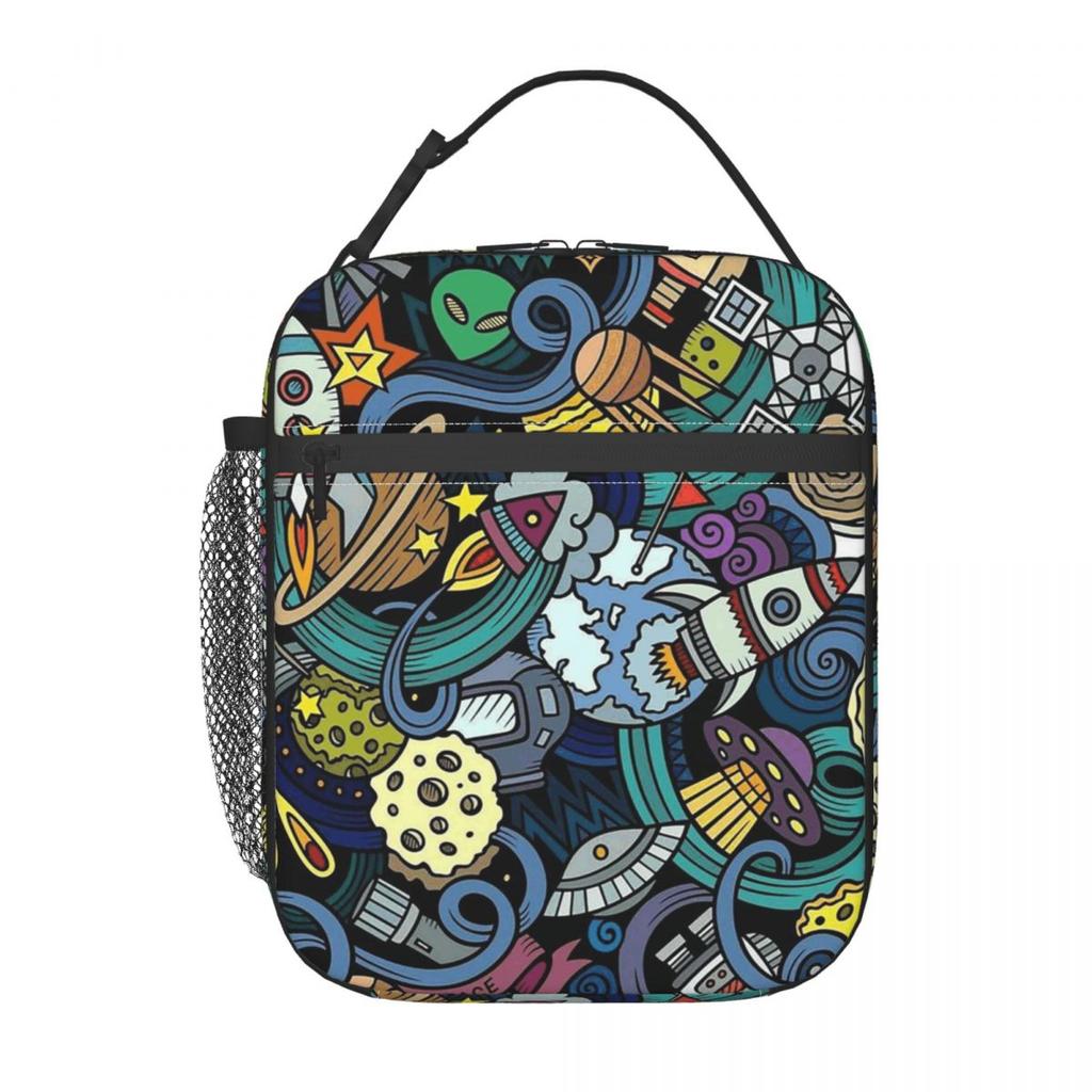 Colour Alien Rocket Spaceship Pattern Insulated Lunch Bag for Women Kids Portable Food Boxes Thermal Lunch Box Tote