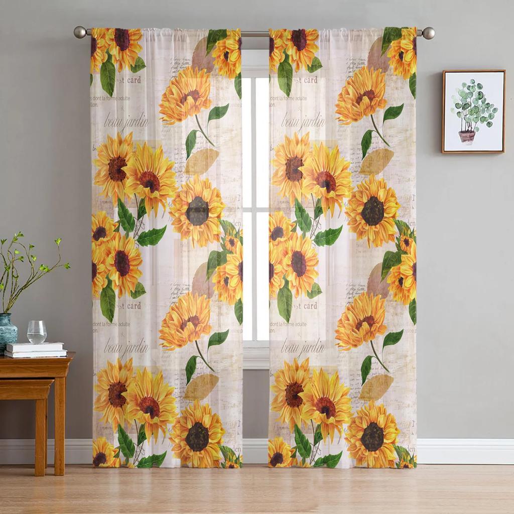 Sunflower Plant Butterfly Bouquet Leaves Flower Chiffon Sheer Drapes Living Room Bedroom Decor Window S Curtain