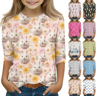 חולצות מודפסות לנערות 5-16 שנים צווארון עגול שרוולי 3/4 חולצות טי טרנדיות חולצות לאאוטפיט
