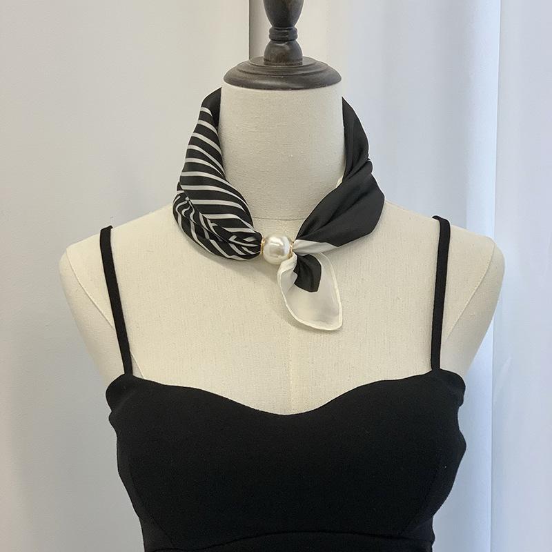 Silk scarf new pearl necklace spring and summer thin magnetic buckle lazy silk scarf women's pendant scarf collarbone chain