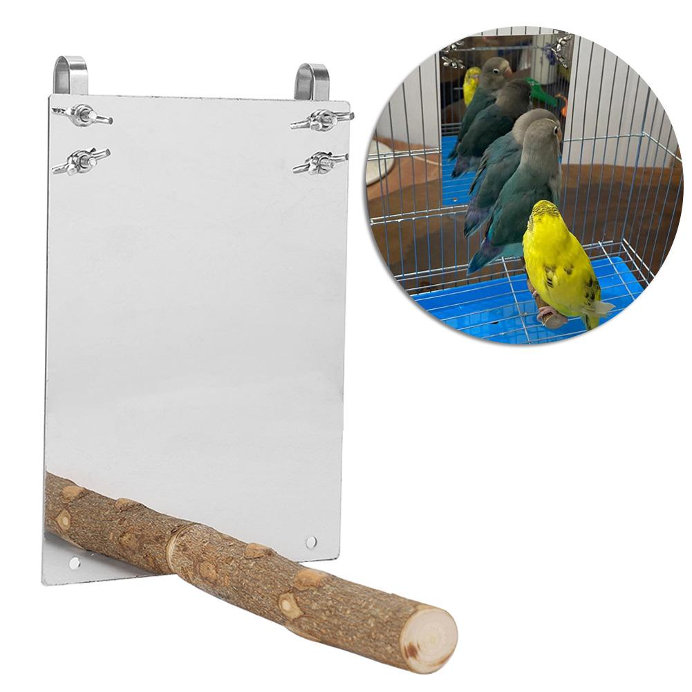 Stainless Steel Medium Small Parrots Mirror with Wooden Standing Rod Bird Cage Accessory