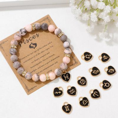12 Constellation Zodiac Signs Couples Bracelet Pink Zebra Stone Beaded Bracelets for Women Men Friendship Jewelry Birthday Gift