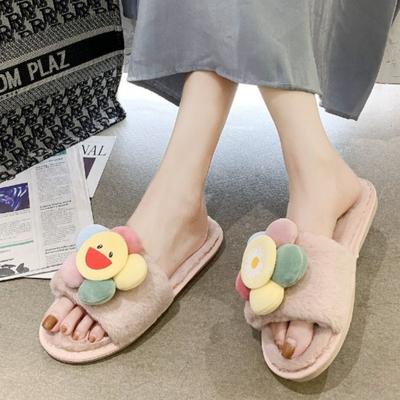 Fashion 2024 Winter New Women's Home Colorful Flower Decorated Fluffy Furry Cotton Slippers