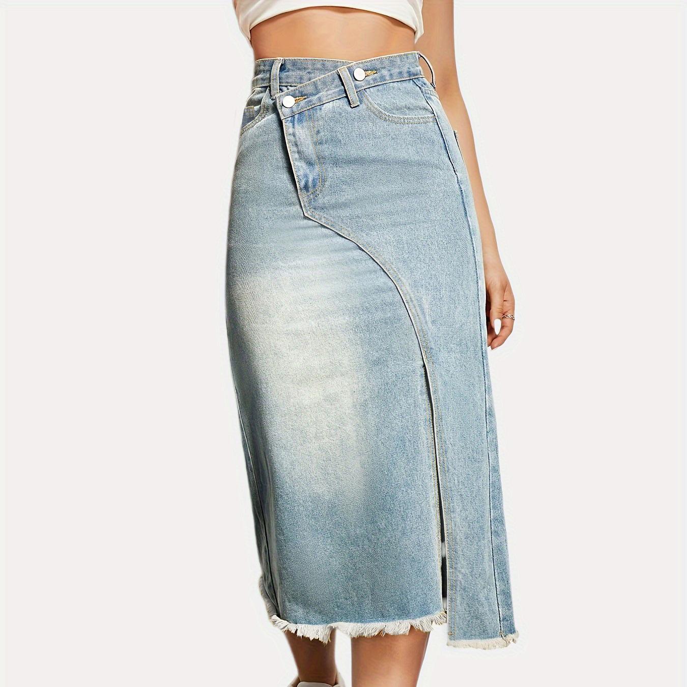 

Женская джинсовая юбка-карандаш с высокой талией, сплошная цветная юбка до щиколотки XXL светло-синий