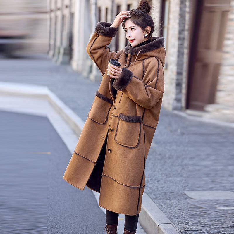 Women's Luxury Suede Lambswool Hooded Coat - Winter 2024 Thickened Cotton Jacket