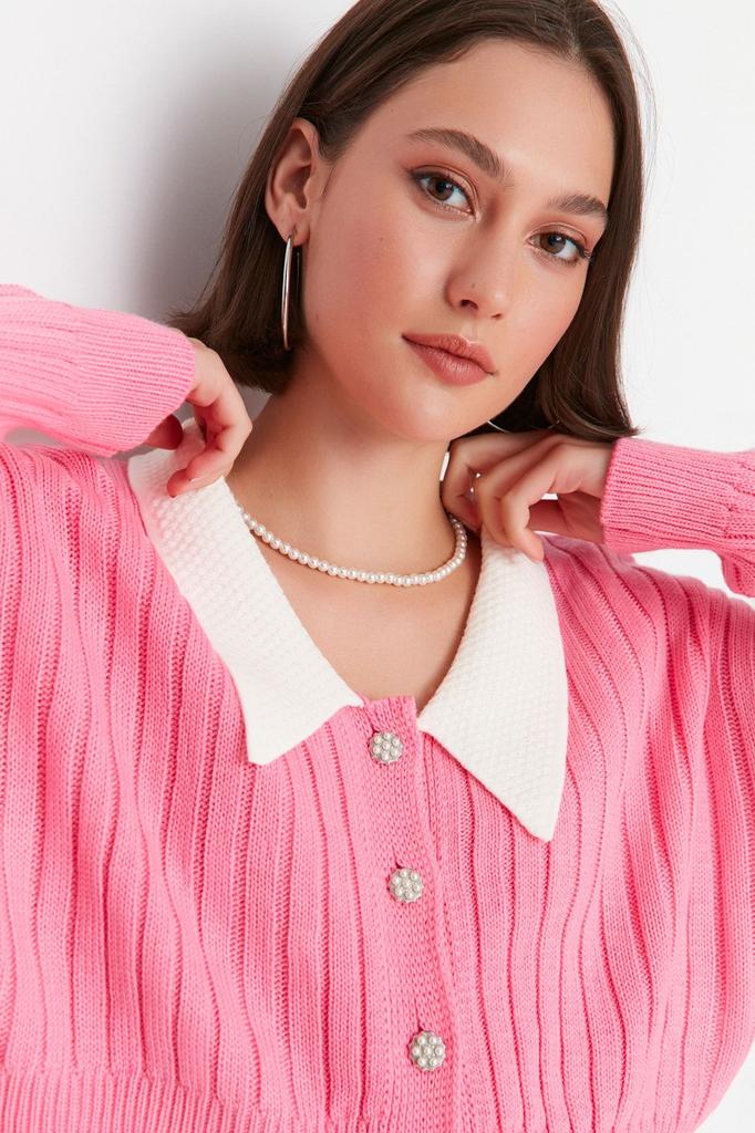 Women's Elegance Style Cardigan Green Super Crop Shirt Collar Knitwear Cardigan