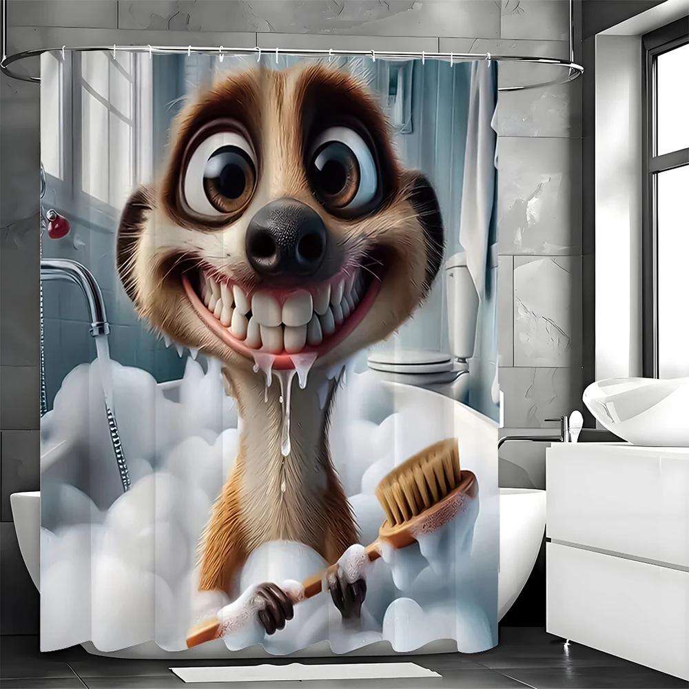 Cartoon Meerkat Shower Curtain, Bathroom Decorative Shower Curtain, Waterproof Shower Curtain with Hooks