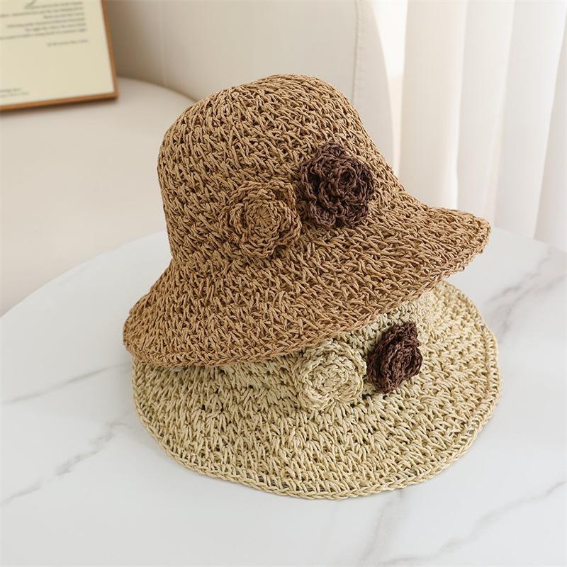 Summer Hand Crochet Beach Bucket Hat For Women Wide Brim With Flower Foldable Girls Outdoor Breathable Sunscreen Cap Party Gift
