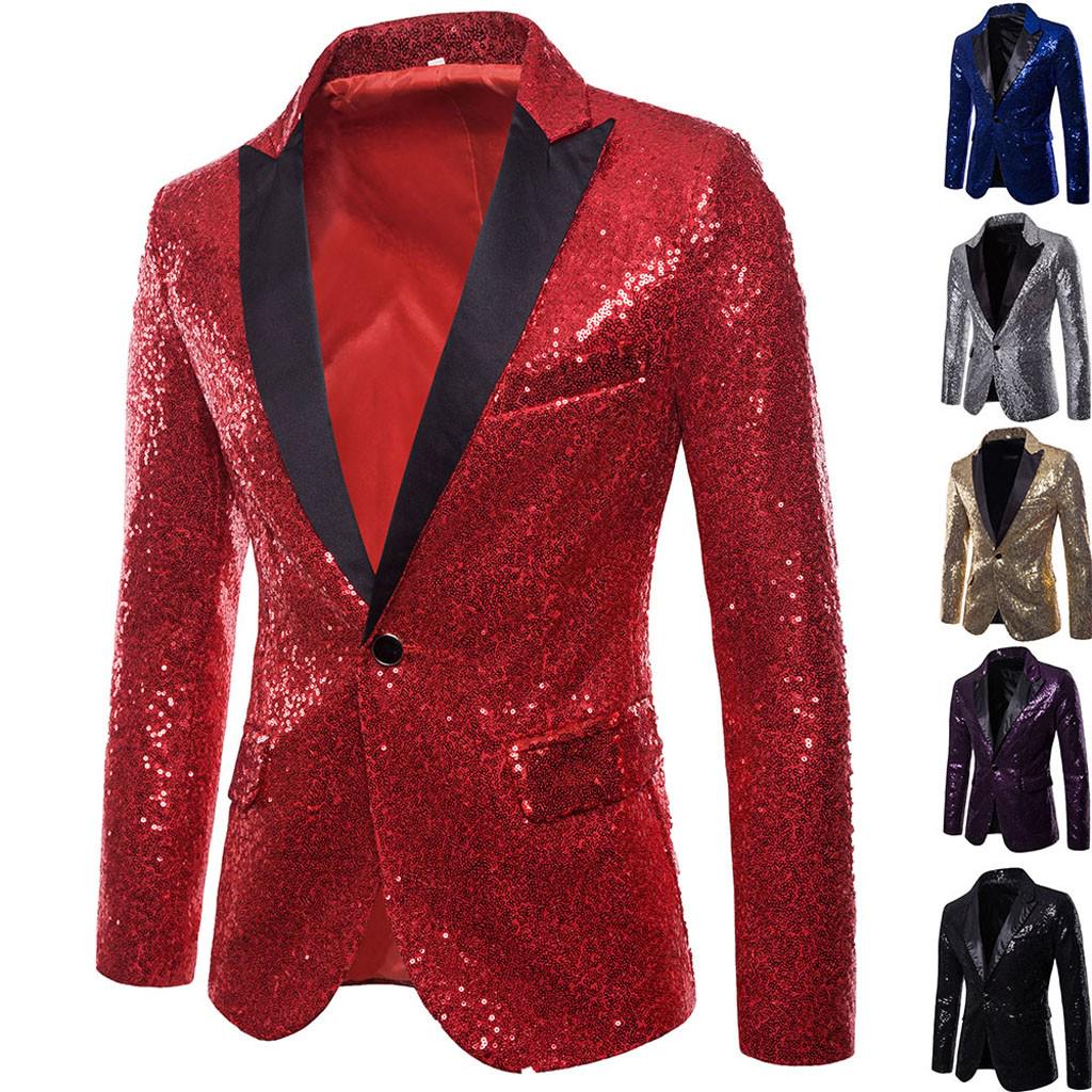 Charm Men's Casual One Button  Fit Suit  Coat Jacket Sequin Party Top