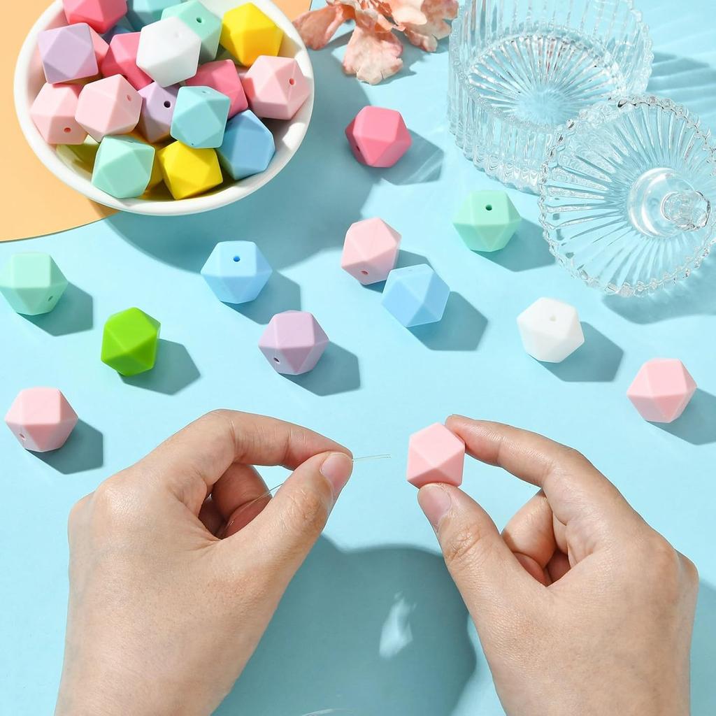 DanLingJewelry 50Pcs 17mm Hexagon Silicone Beads Large Colorful Polygonal Hexagonal Silicone Rubber Loose Beads for Pen Lanyard DIY Jewelry Making